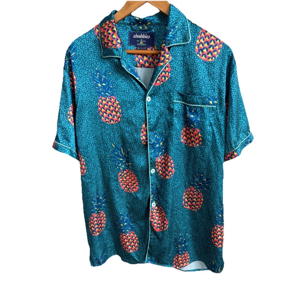 Chubbies Hawaiian Button Down Polo Shirt Mens XL Silky Blue Beach